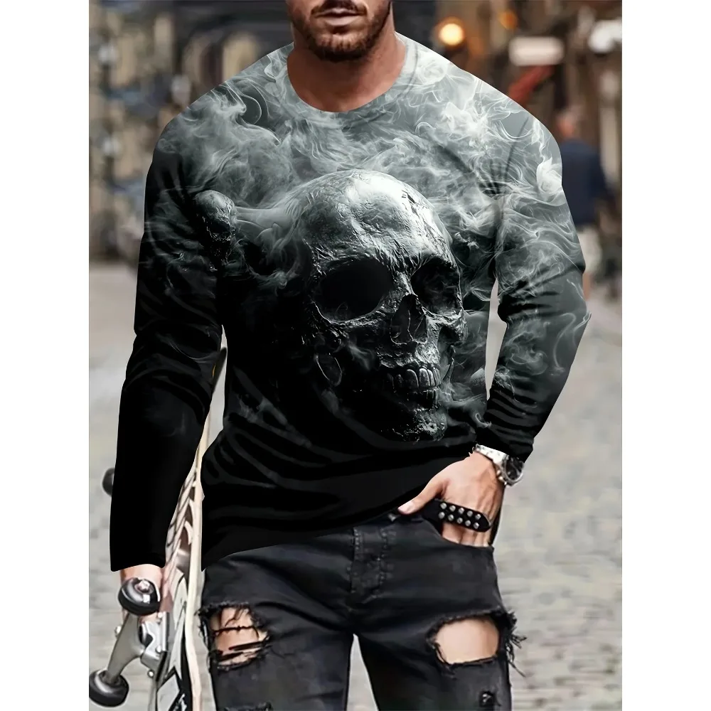 

2025 Men's Halloween Gothic Skull Pattern Long Sleeve T-shirt Round Neck Breathable Funny Casual 3D Printing Y2K Streetwear