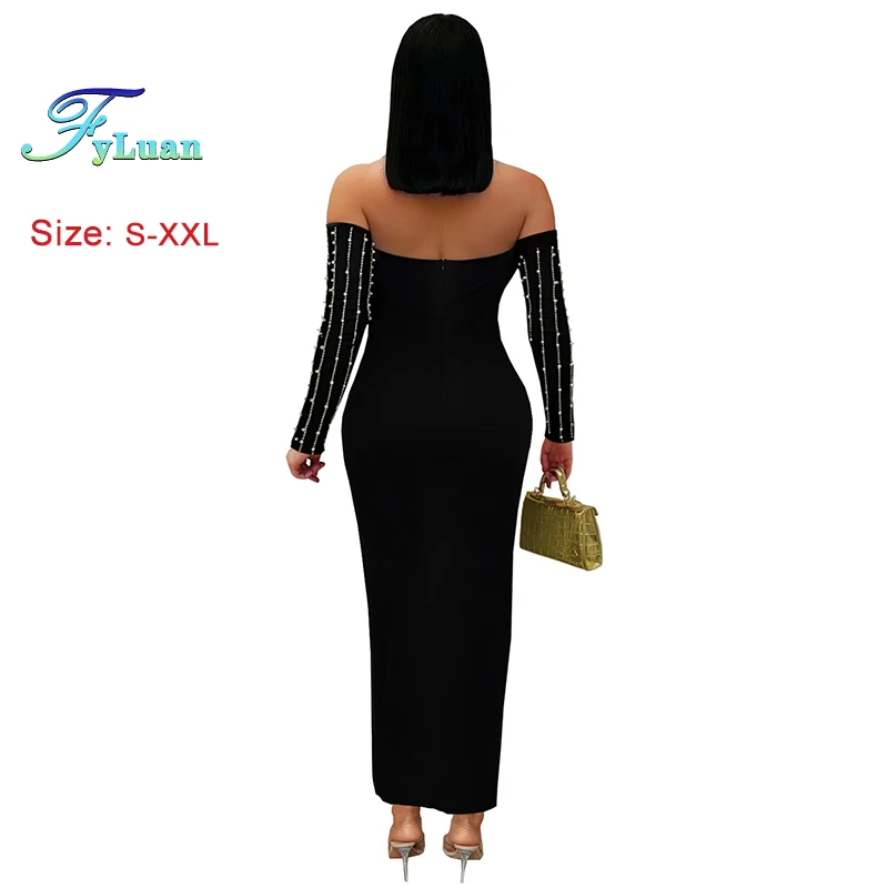 Europa Und Amerika Frauen Langes Kleid Elegante Langarm Set Diamanten, Figurbetontes Kleid Sexy Weg Von Der Schulter Einfarbig Prom Kleider