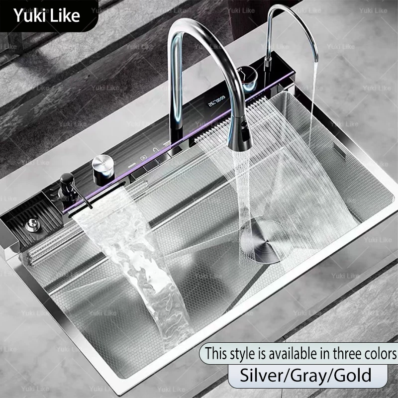 

Silver Waterfalls Stainless Steel Kitchen Sink Multifunction Intelligent Digital Display Temperature Household Large Single Slot