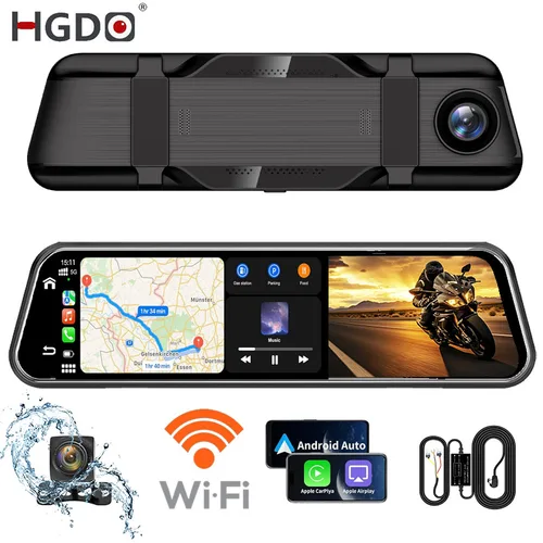 HGDO 10 ""4K espejo Carplay y Android Auto coche DVR Dash Cam cámara de visión trasera de respaldo con 5G Wifi BT FM AUX Mirror Link 24H Monitor