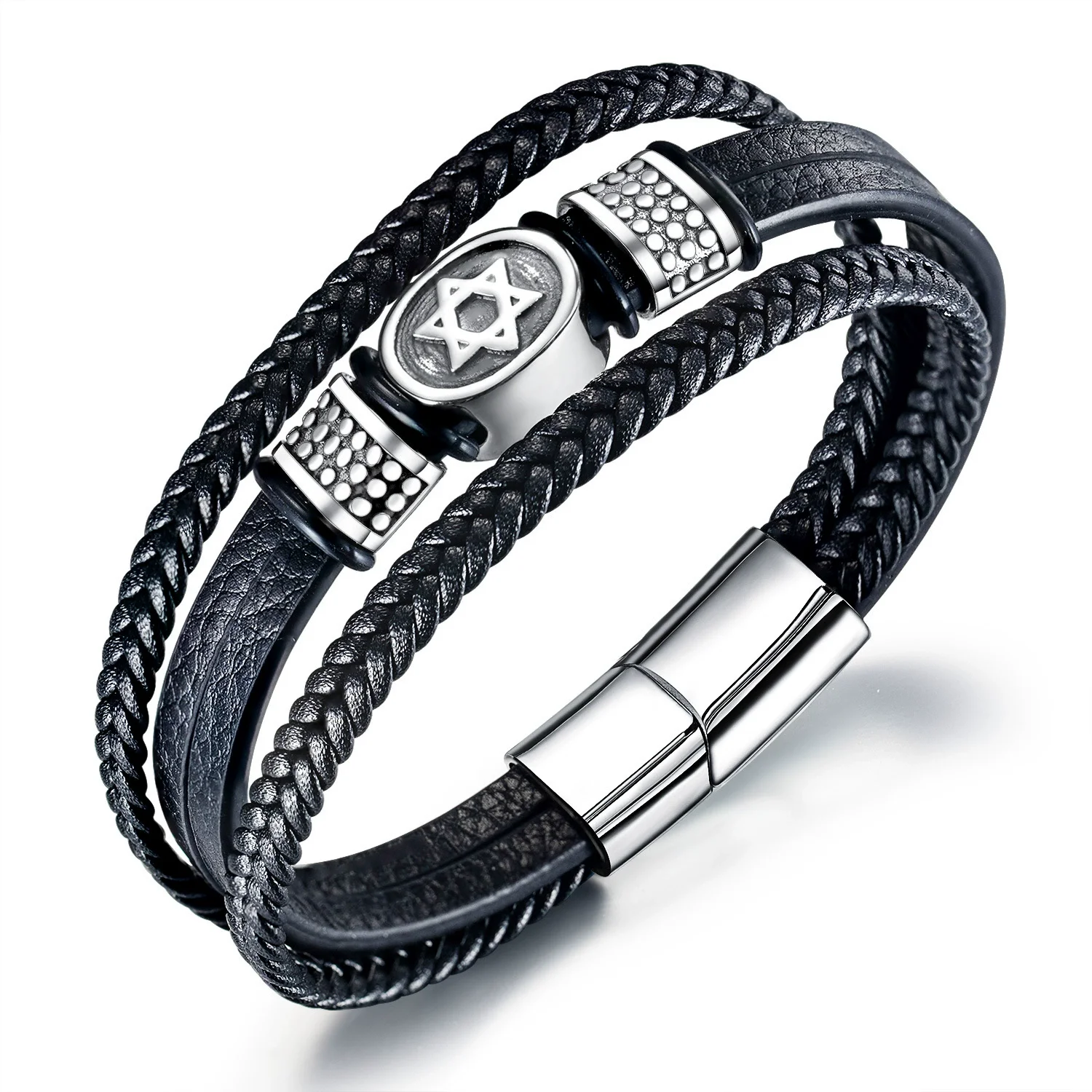 

Fashionable men's bracelet Fashion multi-layer braided leather bracelet hexagon star titanium steel leather bracelet