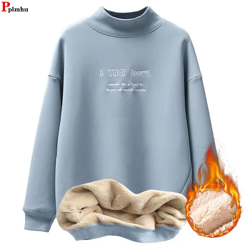 Casual Half High Collar Lambwool Faux Lined Sweatshirt Woman Thicken Loose Pullover Winter Warm Embroidery Long Sleeve Top