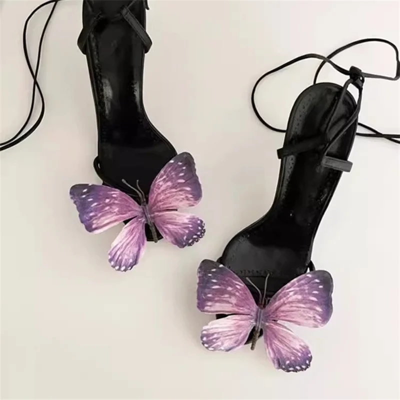 Niche 3D Butterfly Flower Sandały dla kobiet 2024 Retro French Stiletto High Heel Open Toe Shoes Thai Brand Design New Fashion