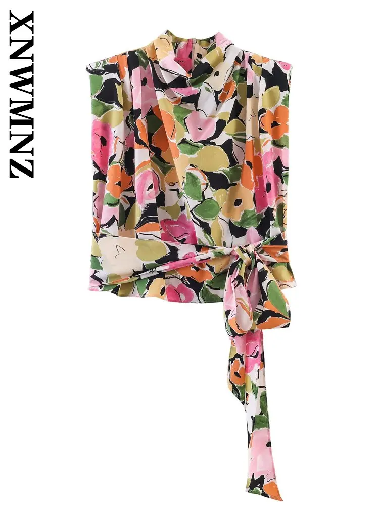 

XNWMNZ 2026 Summer New Woman's Vintage Holiday Sleeveless Print Top club Casual Woman Stand Collar Bohemian Slim Chiffon Blouse