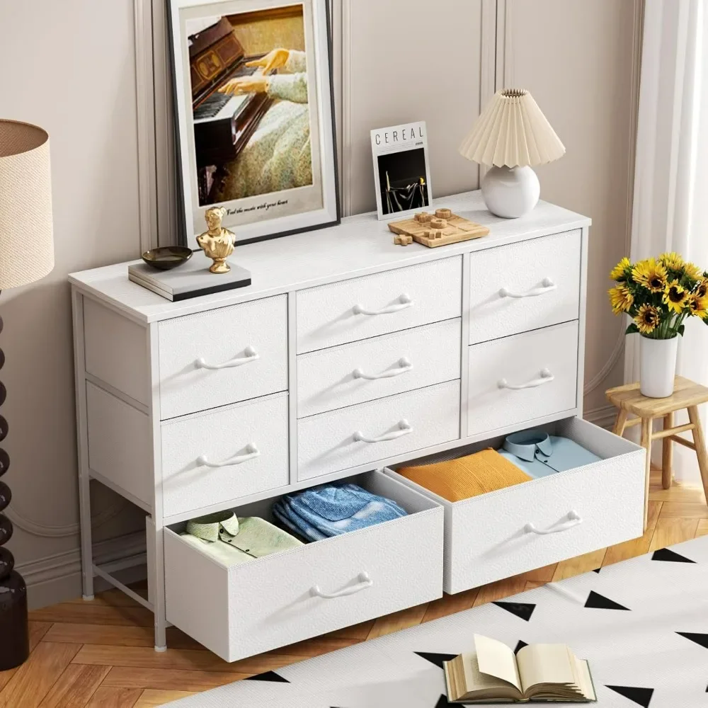 White Dresser with 9 Large Drawers for 55'' Long TV Stand, Living Room,Closet,Entryway,  Wood Shelf Storage for Bedroom