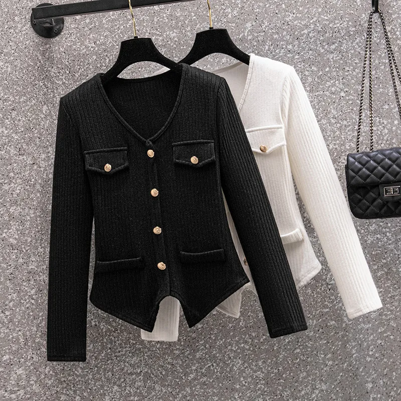 2022 Autumn Winter Black and White Single-Row Metal Button Slim V-Neck Long-Sleeved Top Knitted Cardigan Women Elegant Cloth