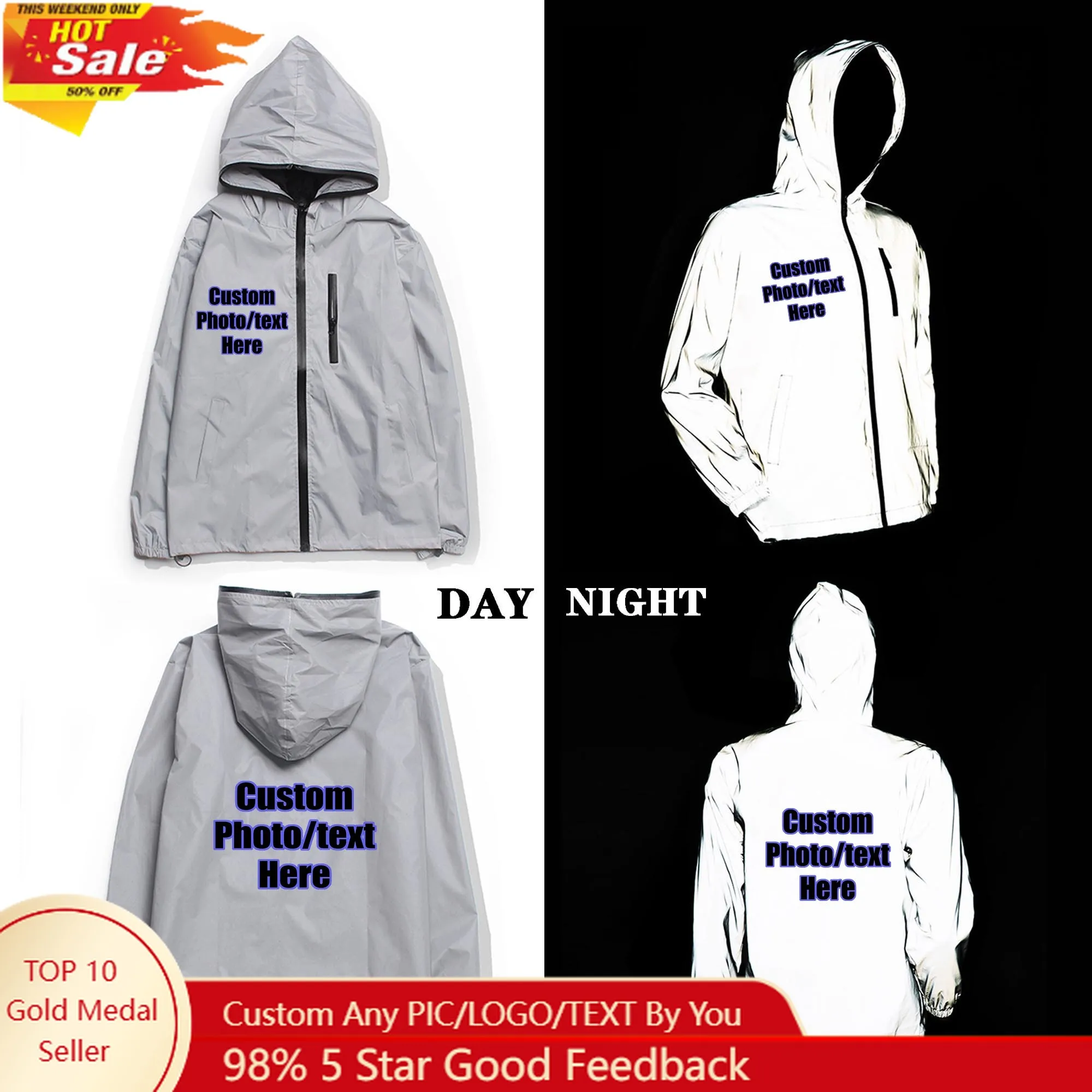 Reflective Custom Jacket Men Women Zipper Coat Hooded Windbreaker Runing Outdoor Cycling Hiking Zip Up Hoodie Your Own Name Logo
