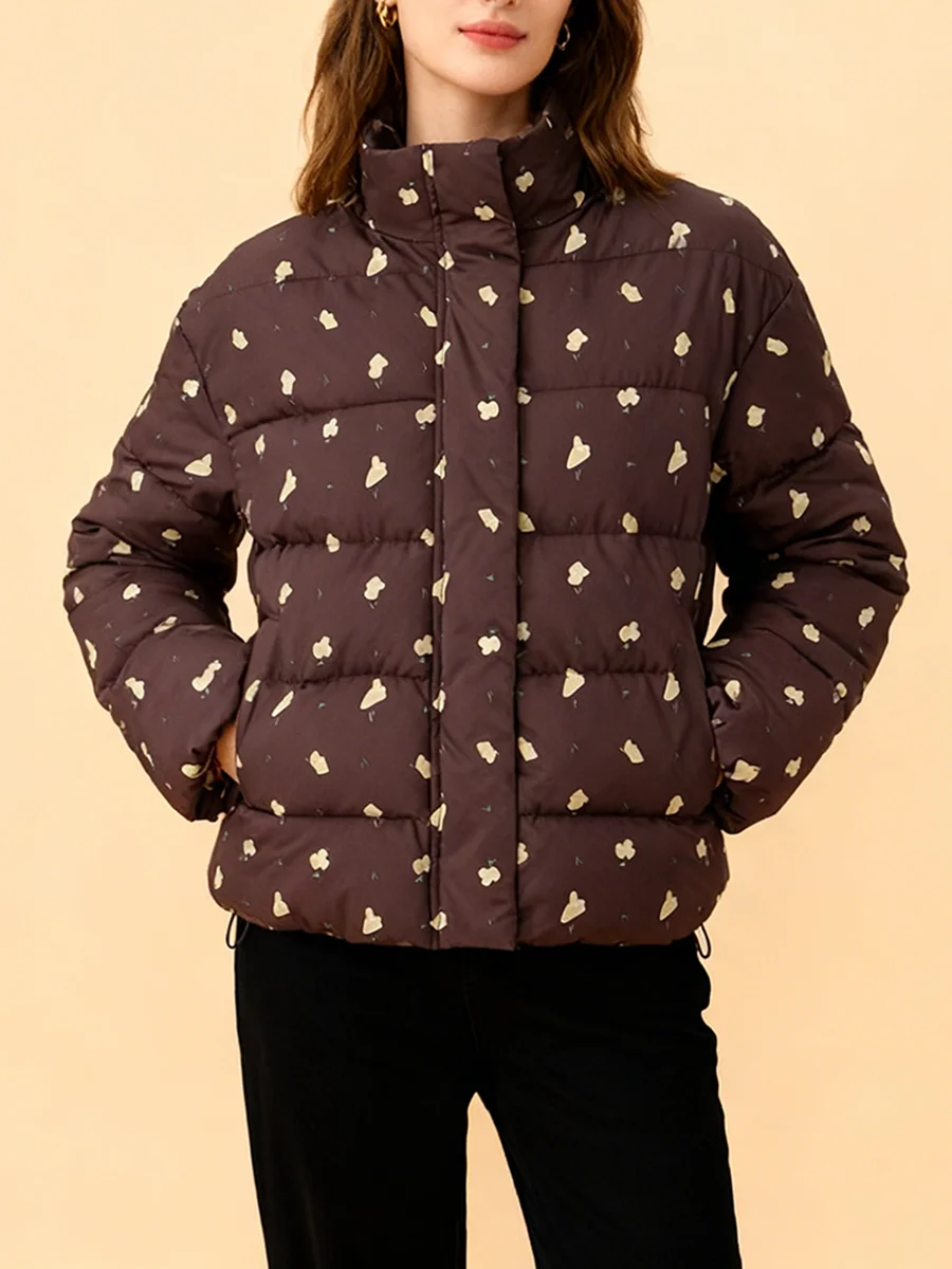 Twotwinstyle impresso floral puff jaqueta para mulheres com capuz manga longa retalhos cordão quente para baixo casaco feminino inverno novo estilo