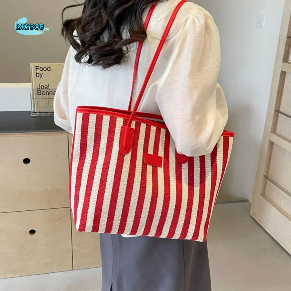 

Холщовая сумка-тоут большой емкости в полоску в стиле ретро, сумка через плечо на молнии в корейском стиле, многофункциональная сумка через плечо, сумка для покупок для девочек