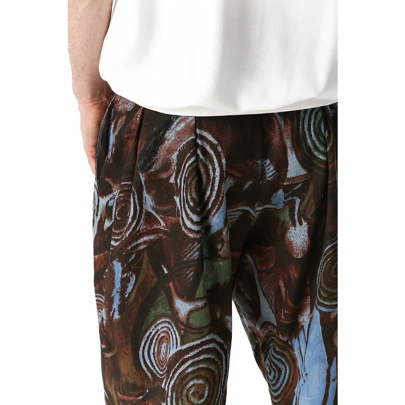 2024 Summer New Trendy Cotton Linen Printed Small Leg Pants for Men\'s Lantern Pants