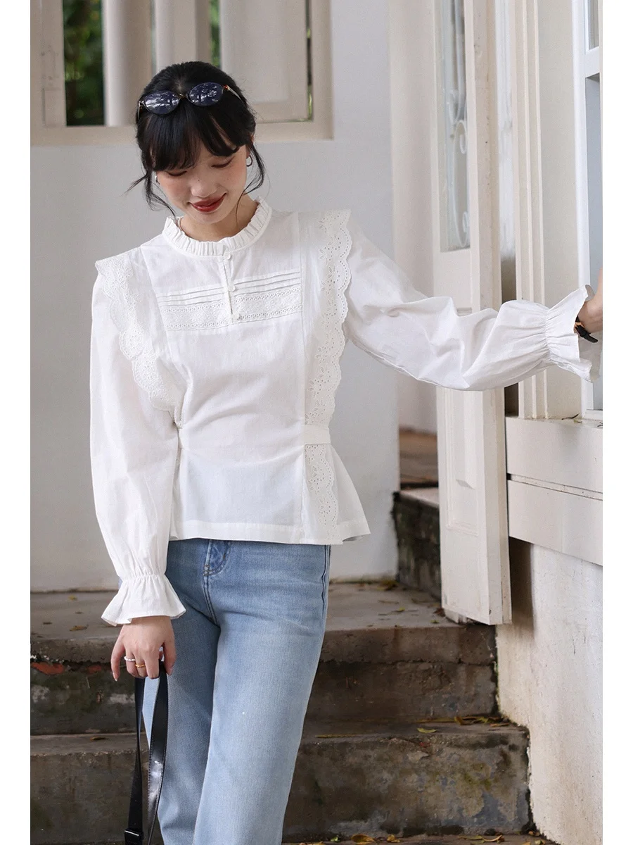 

Casual Long Sve White irt Women's Design Sense Tie Hollow Lace Trim irt Spring Autumn New Sle Skin-friendly Breathable