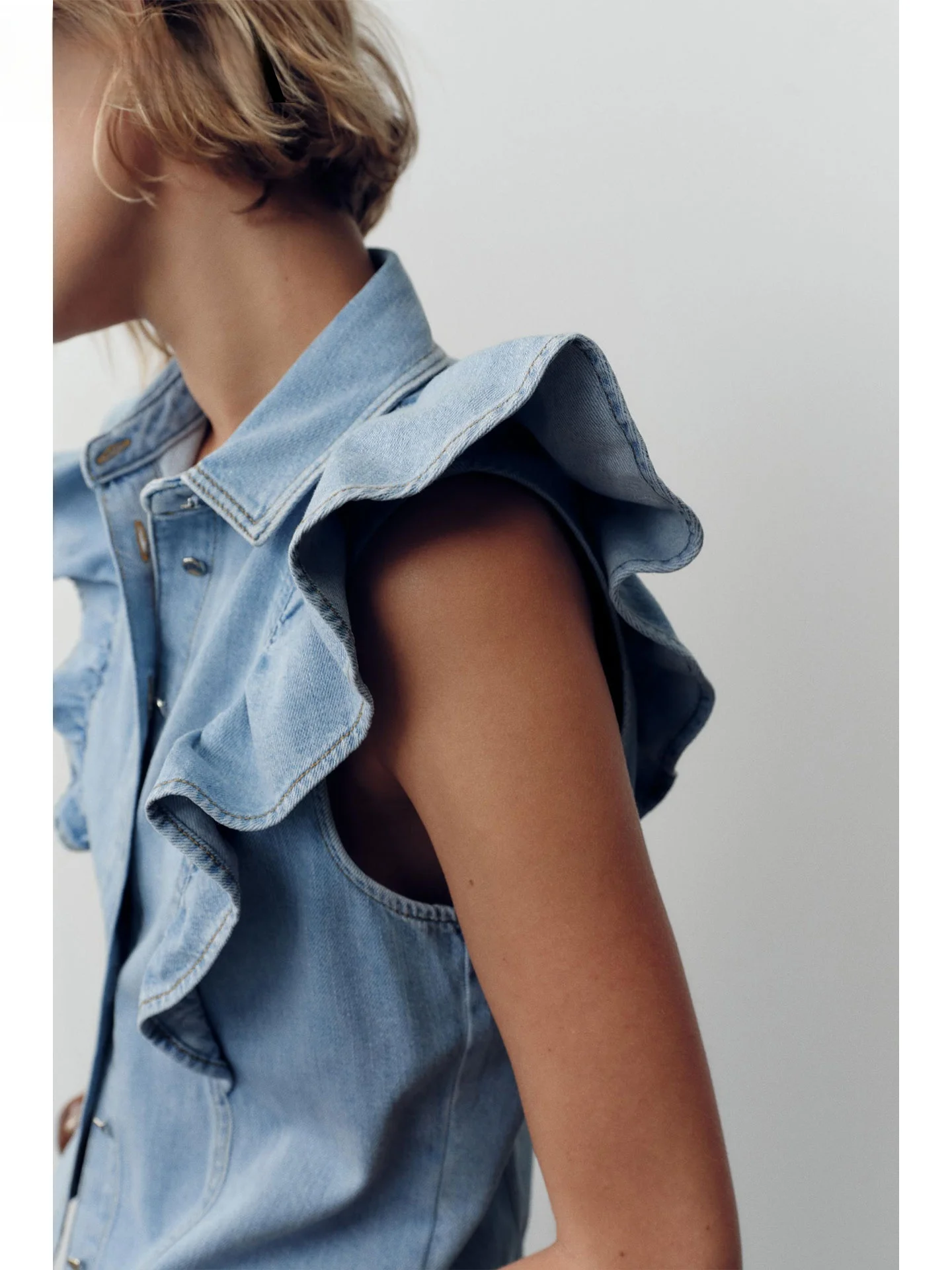 ZAPRHA Estate 2025 New Sle Bell Sve Denim irt senza colletto Slim Fit da donna resistente all'usura Colore puro