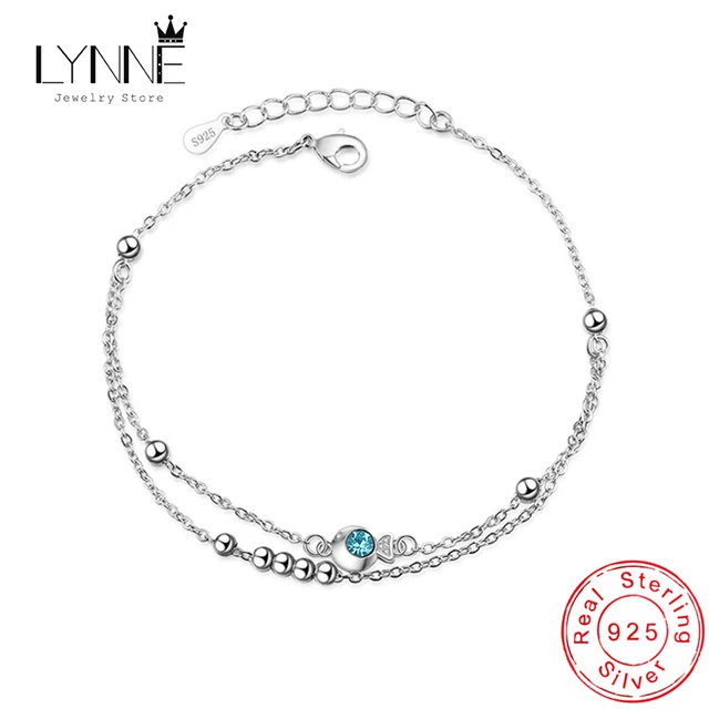 Nowa moda 925 Sterling Silver Blue Zircon Small Fish Pendant Double Layer Anklets Biżuteria damska Prezent Sexy Beach CZ Foot Chain