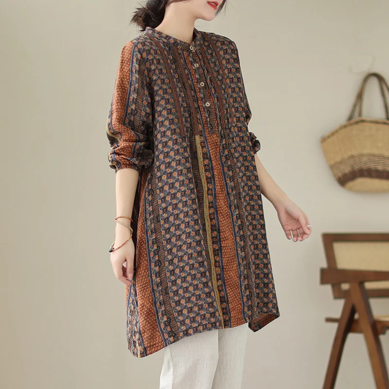 Damen Leinen irt Dr Long Sve Midi Dr Piano Plissee Design Frühling Herbst Neu SLE Künstlerisch Pendeln Faion Straight...