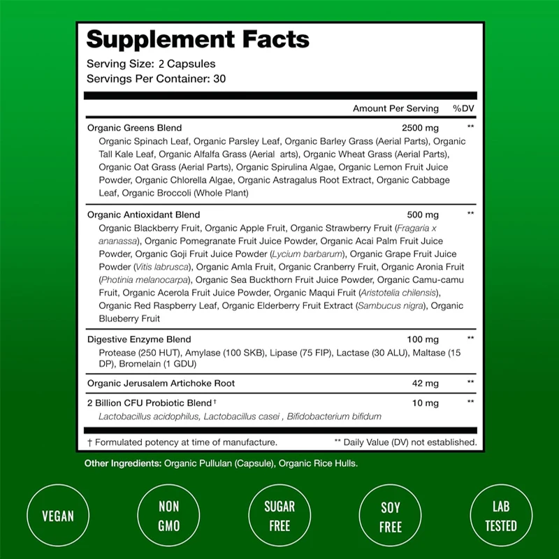 Organic Super Green Capsules - Spirulina, Chlorella, etc. - Antioxidants, Digestive Enzymes, and Probiotics -60 capsules