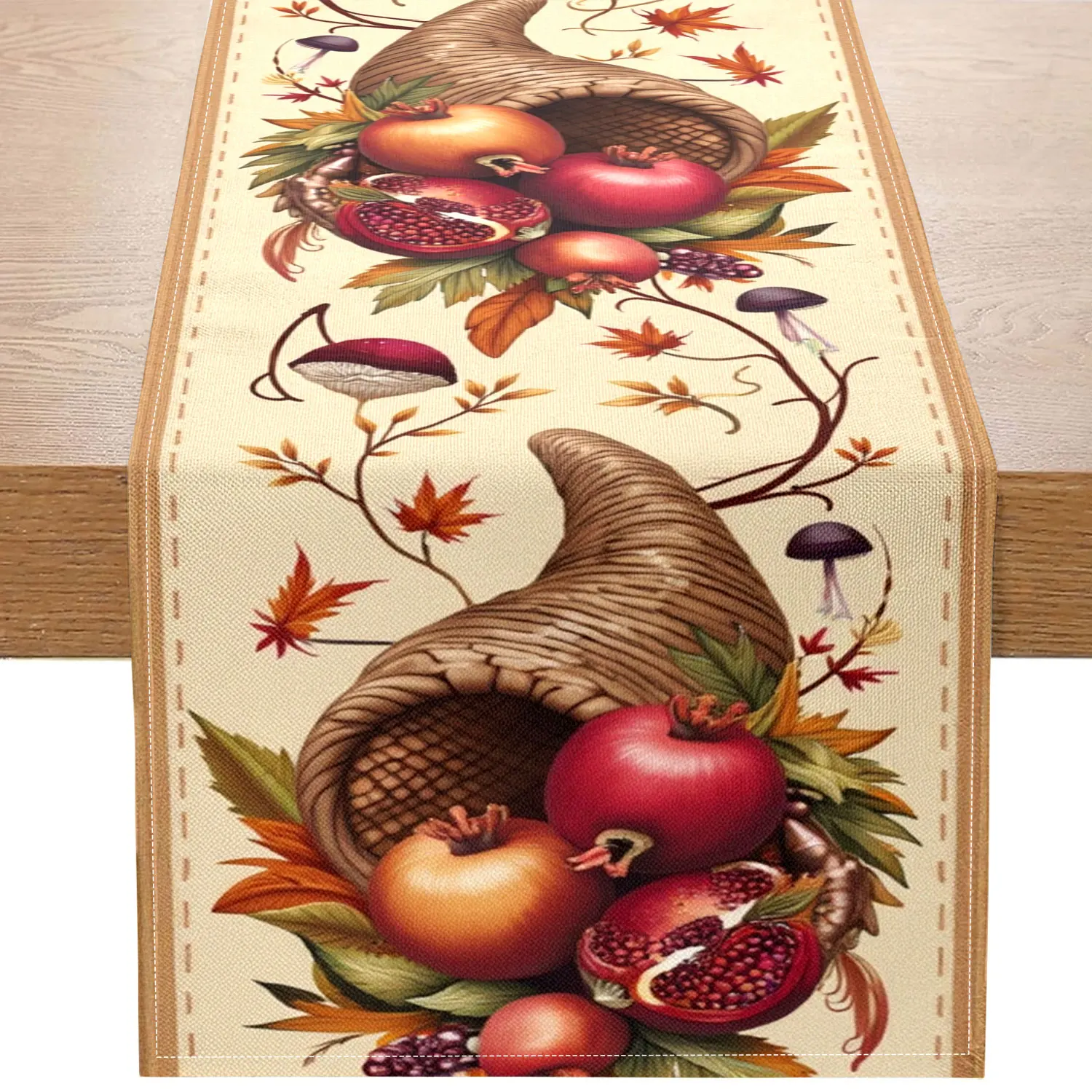 

1-компонентная дорожка для стола с тимьяном урожая, полная узоров граната, яблок, рогов больших размеров и т. д., подходит для осенних семейных встреч и украшения дома в стиле кантри