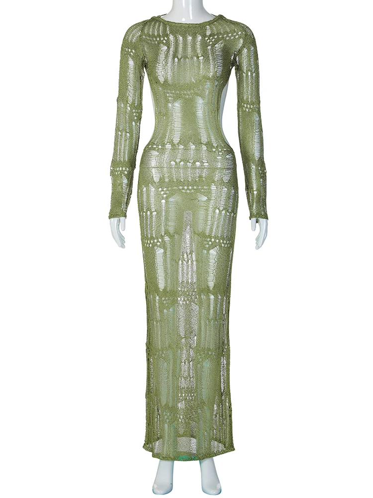 Hugcitar 2025 Dzianinowa sukienka z długim rękawem i wycięciem na plecach Sexy See Through Maxi Dress Wiosna Lato Kobiety Y2K Odzież Streetwear Party