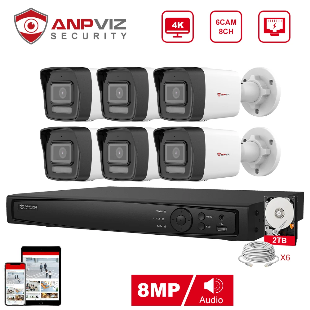 Anpviz 8CH 4K NVR 8MP POE IP Customized Camera Plug&Play System CCTV Outdoor Security Surveillance Kit Remote View H.265 IR 30m