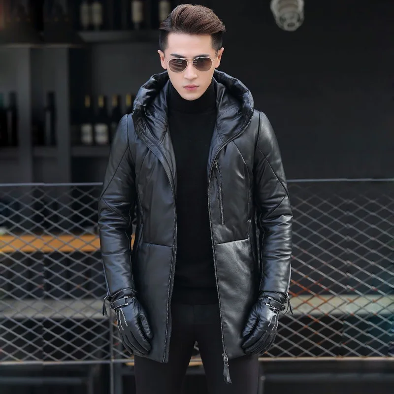 Winter Genuine Leather Hooded Down Jacket Men High Quality Thicken Puffer Jacket Men Luxury Duck Puffer Coat Sheepskin Coat Male