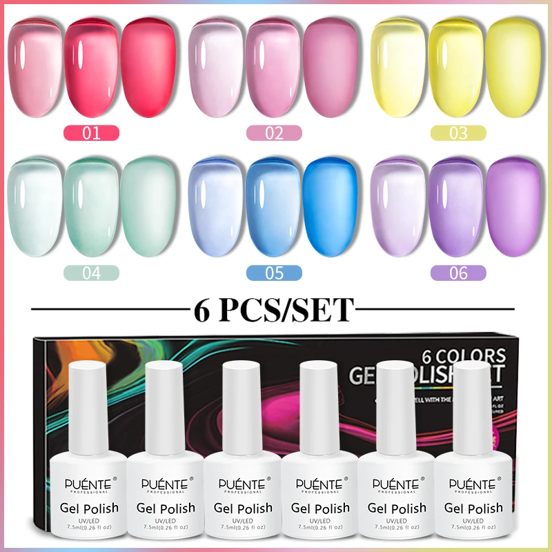 6 Pcs/Set Jelly Glass Gel Nail Polish Translucent Summer Colorful Glaze Gel For Manicure Soak Off UV Gel Semi-Permanent Varnish