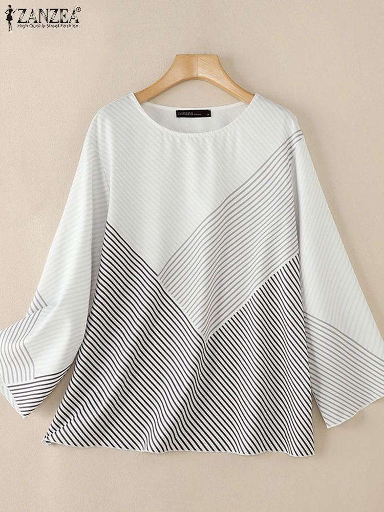 ZANZEA Korean Fashion Long Sleeve Tops Colorblock Stripes Splicing Blouses Round Neck Printing Simple Commuting Office Blusas