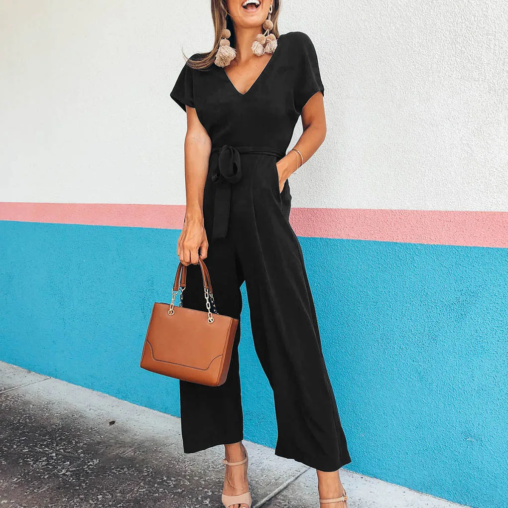 여성 브이넥 점프수트 반팔 솔리드 컬러 여름 플레이수트 롬퍼