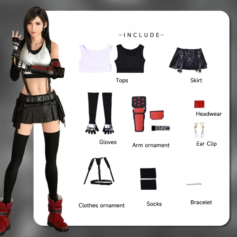 زي تنكري من Game Tifa Lockhart، قميص أبيض، تنورة سوداء JK، مجموعة كاملة من الملابس الرياضية، زي لعب الأدوار للنساء والفتيات