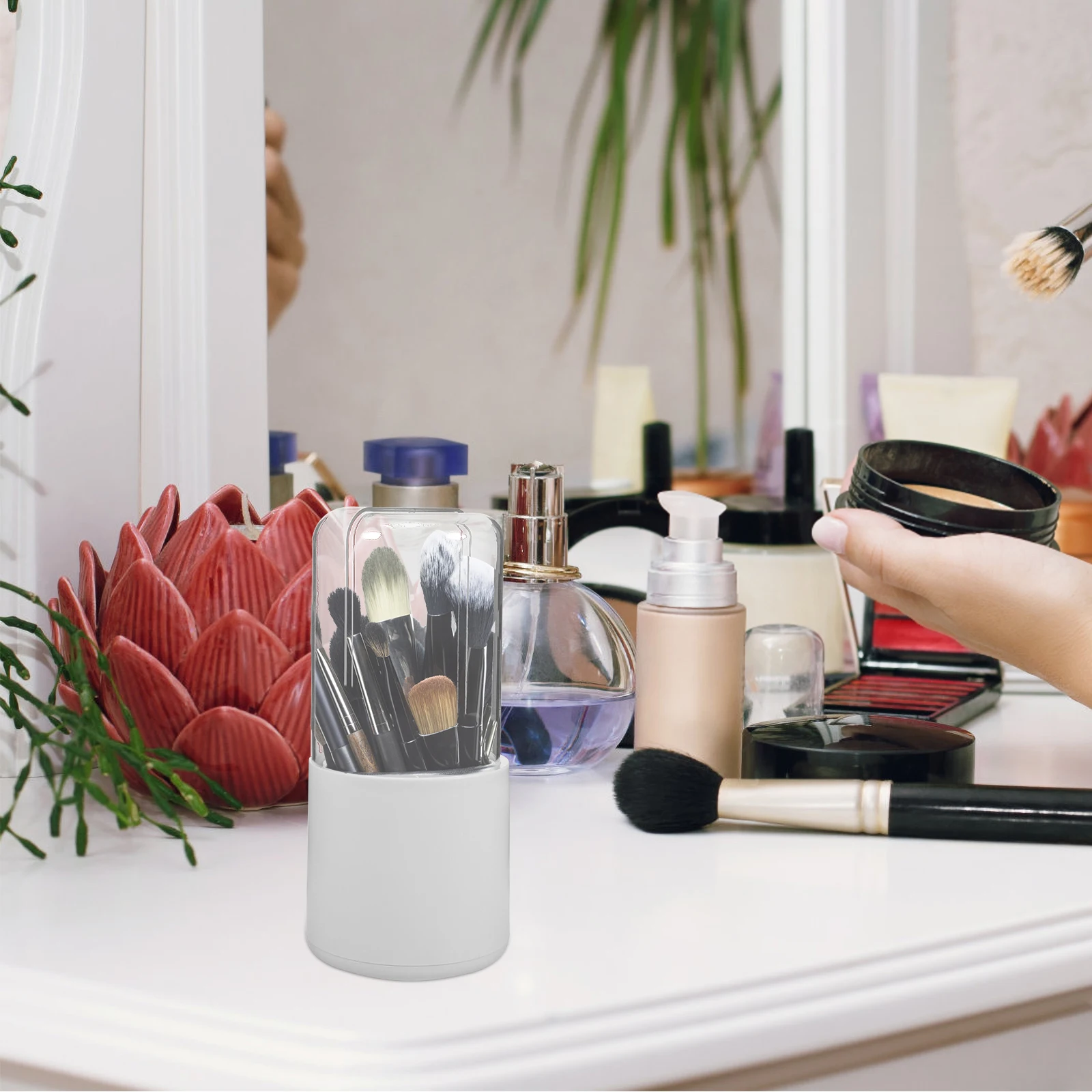 

Makeup Brush Box Transparent Lid Rotating Cover Storage Container White Brush Holder Desktop Vanity Holder