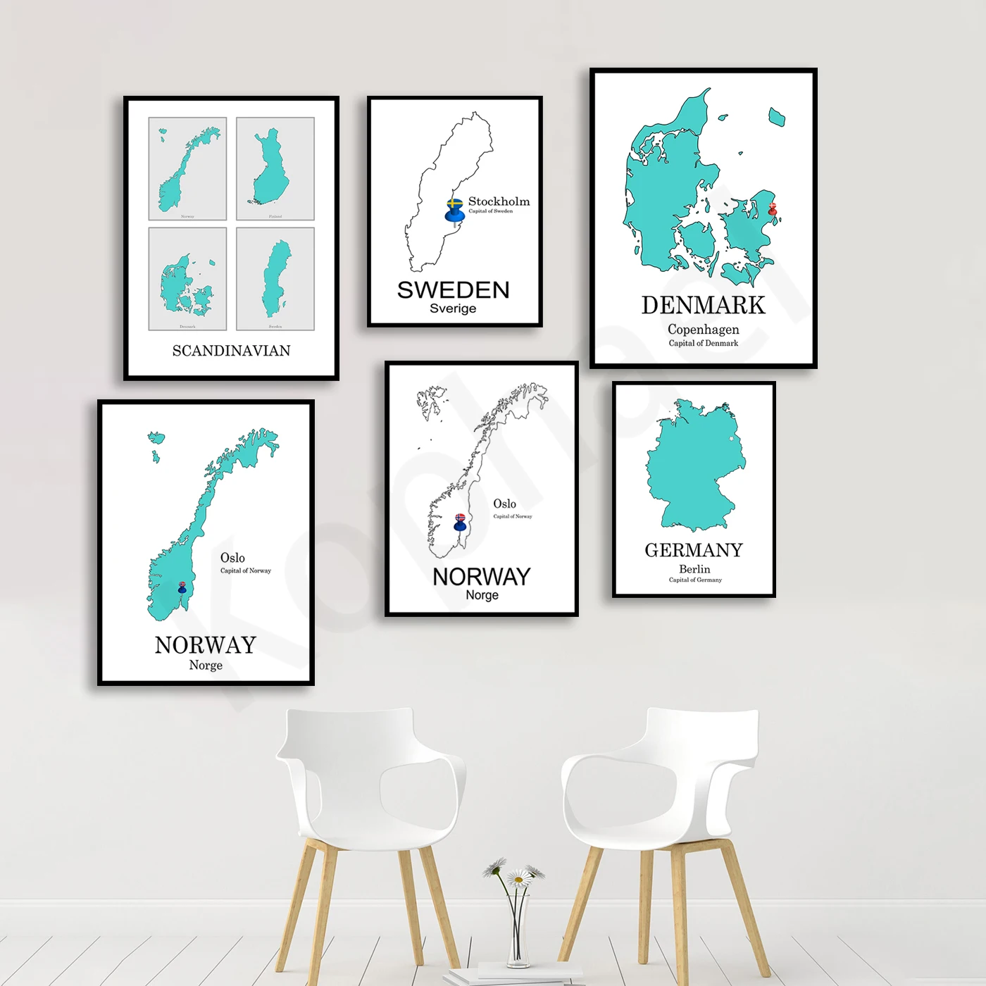 Scandinavia map poster. Germany Sweden Norway Finland Denmark. Travel Gift. Home Wall Decoration Art