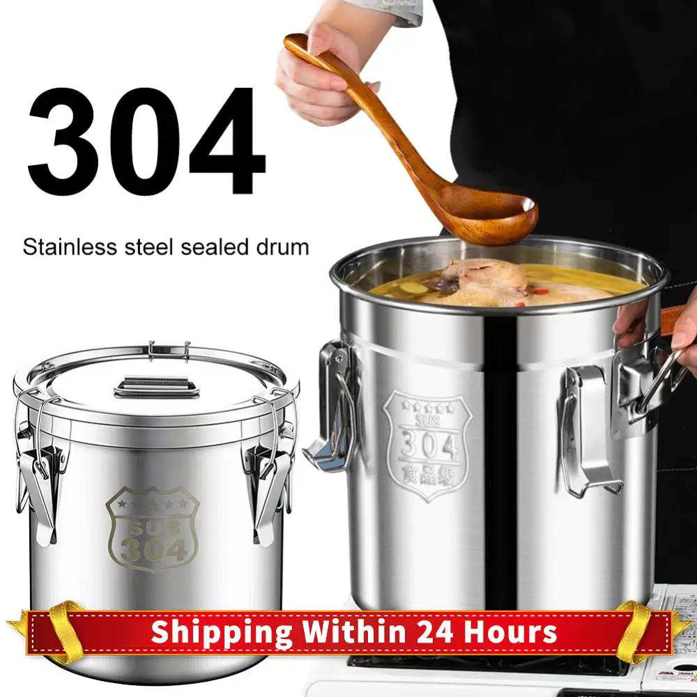

6/12/21/33L 304 Stainless Steel Kitchen Canister with Seal Lid Food Oil Sugar Milk Storage Bucket with Handles for Home Kitchen