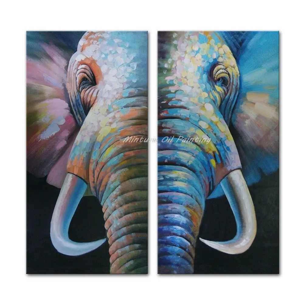 Mintura Hand-Painted Elephant Oil Painting On Canvas,Handmade Animal 2Pcs Pop Art Wall Pictures For Living Room,Home Decoration