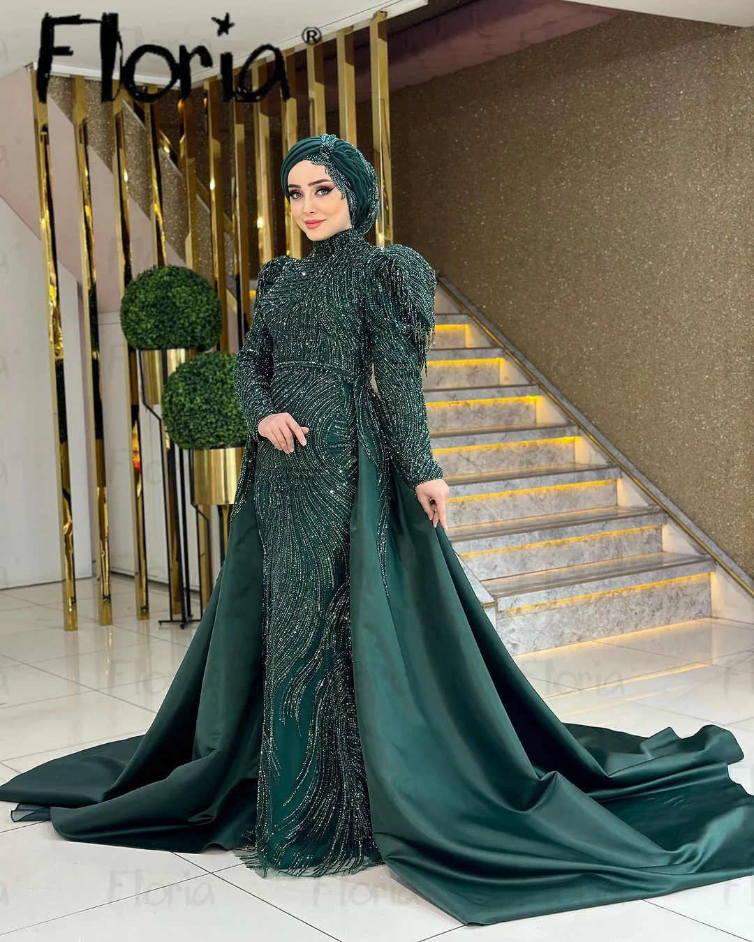 Floria Luxury Dubai Emerald Green  Muslim Evening Dress Overskirt Long Sleeves Plus Size Women Wedding Party Plus Size Custom