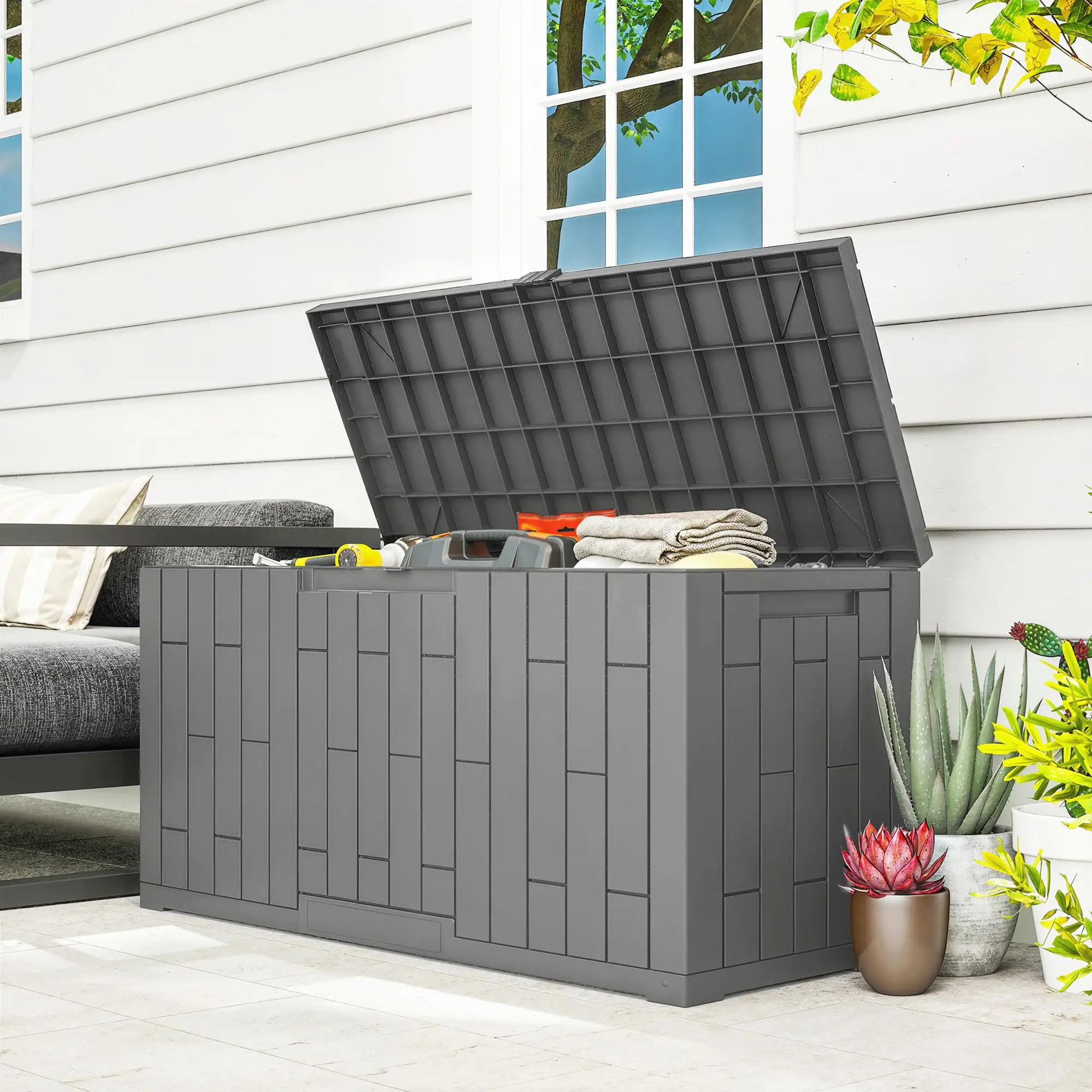 Caja de jardín de 227L, impermeable, resistente a los rayos UV, con cierre y resorte de gas, aspecto madera, 106,5 × 43 × 54,5 cm, gris