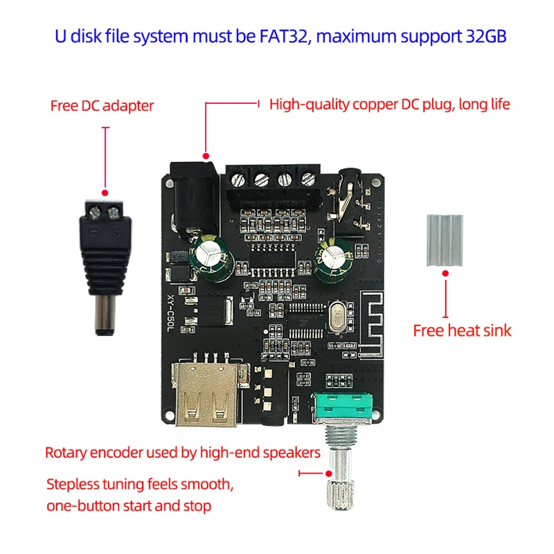 2*50W Bluetooth 5.0 Power Amplifier Class D Audio 10W~200W HiFi Stereo Wireless Music Player Mini USB Sound Card App Digital AMP