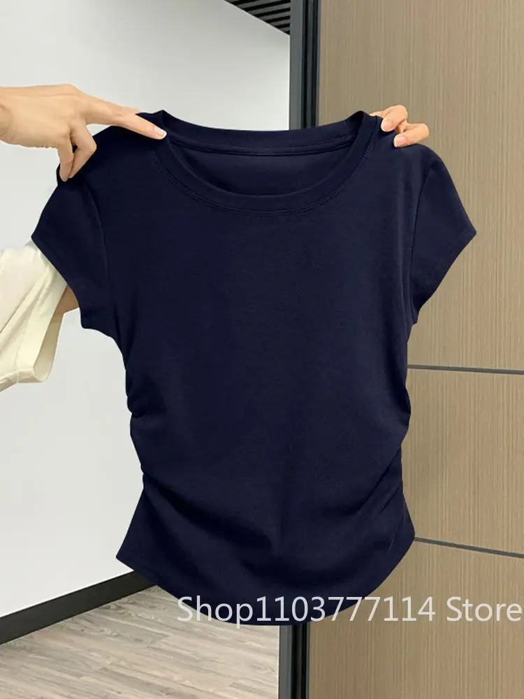 Summer Design Sense Slim Fit Women's Pleated Waist Cinching Top Trendy and Versatile Slimming Solid Color Short Sleeved T-shirt