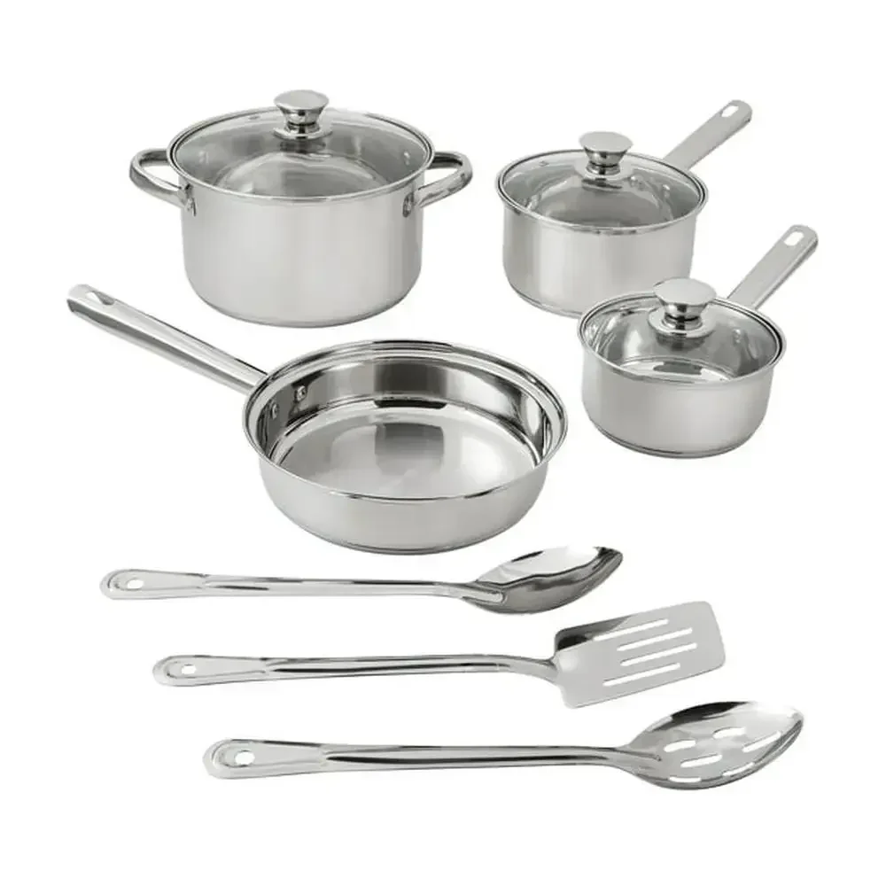 

10-Piece Stainless Steel Kitchen Cookware Set with Glass Lids and Utensils