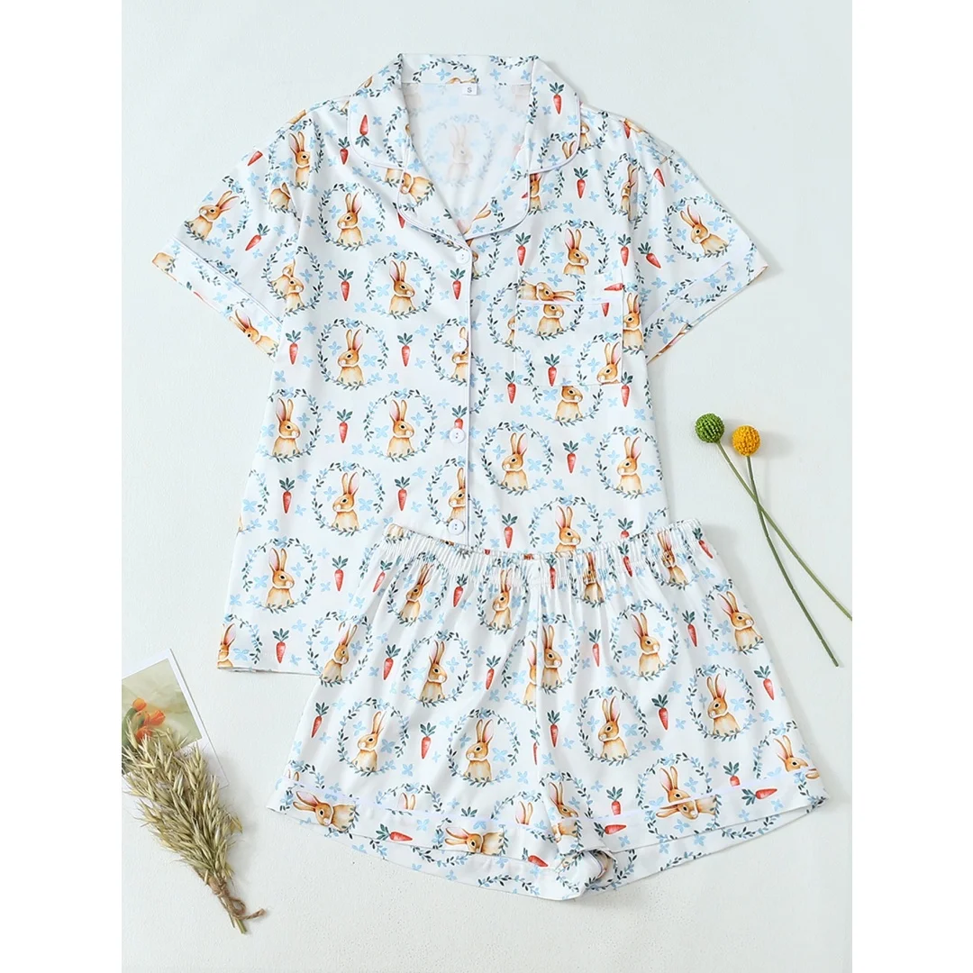 

Summer Women's Pajamas with Bunny Rabbit Carrot Print Lapel Short Sleeve Shorts Pants Home Wear Set Vacation Easter Gifts