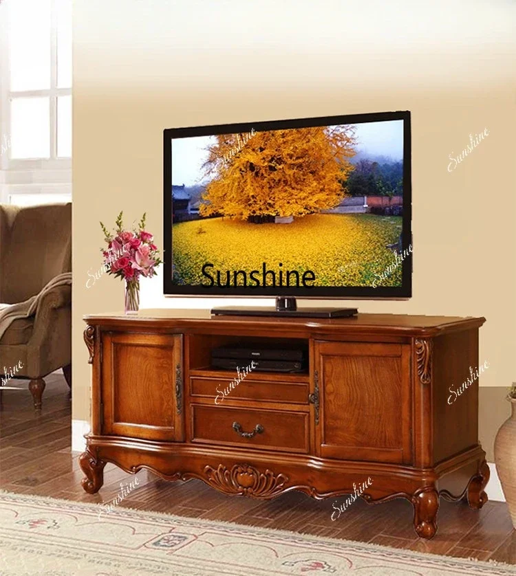 European solid wood TV cabinet living room retro carved TV cabinet household audio-visual cabinetTJ