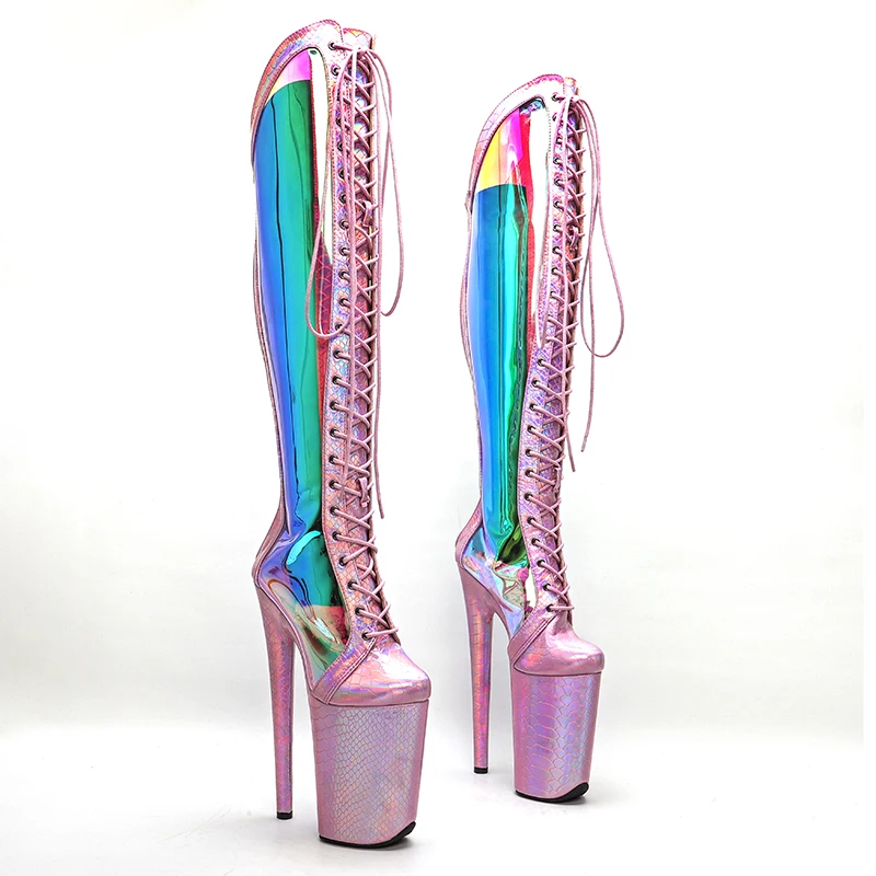 Leecabe-Botas holográficas de serpiente para mujer, calzado con plataforma de tacón alto, color rosa, 23CM/9 pulgadas