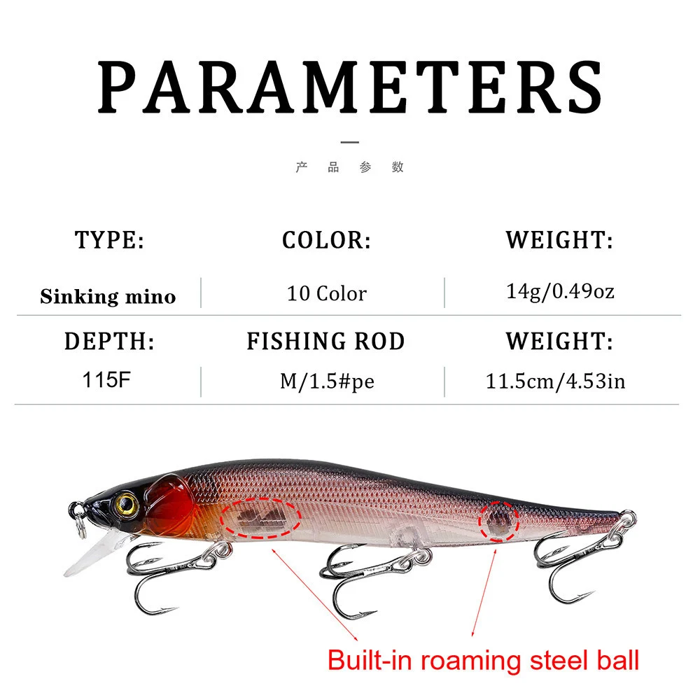 1Pcs Fishing Lure 115mm/14g Minnow Crankbait Wobblers 3D Eyes Perch Artificial Bait Pike Carp Bait Swim Bait Fishing Pesca