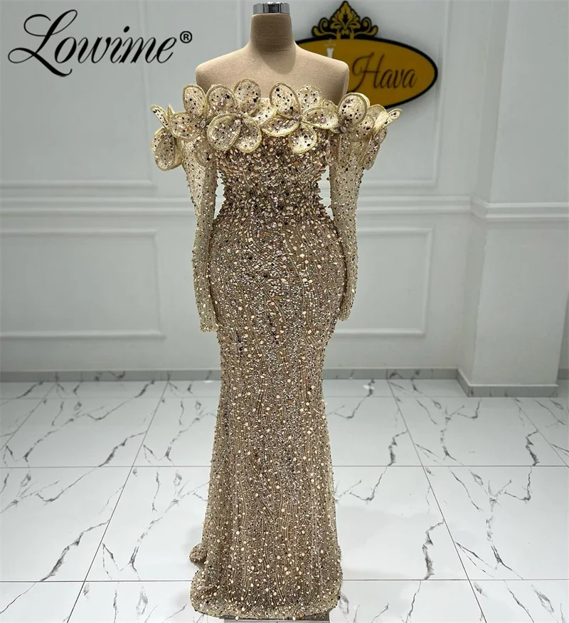 Champagne Arabic Evening Dresses 2024 Long Sleeves Full Beading Handmade Flower Mermaid Wedding Party Dress Crystals Prom Gowns