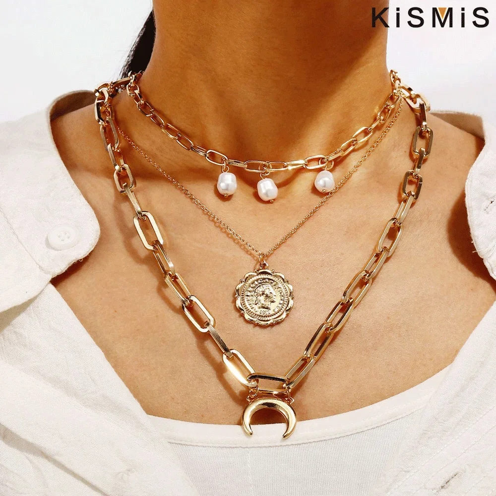 KISMIS 1PC Vintage Three Pearl Human Head Crescent Pendant Three Layer Necklace New Fashion Long Link Chain Multi-layer Necklace