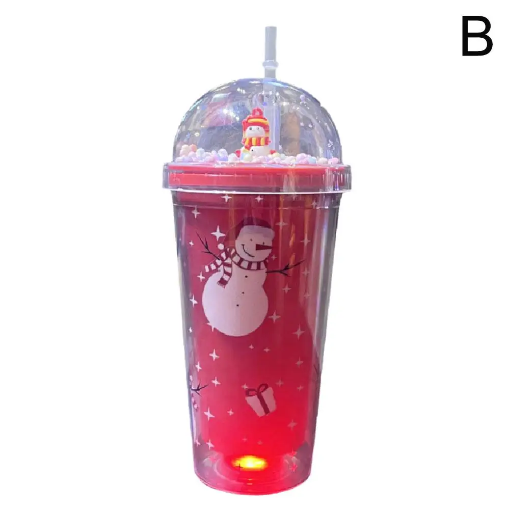 Tasse à glace de Noël avec dessin animé léger, grande beauté, double couche, grande capacité d'eau, paille en plastique, 400-500ml, V5p3