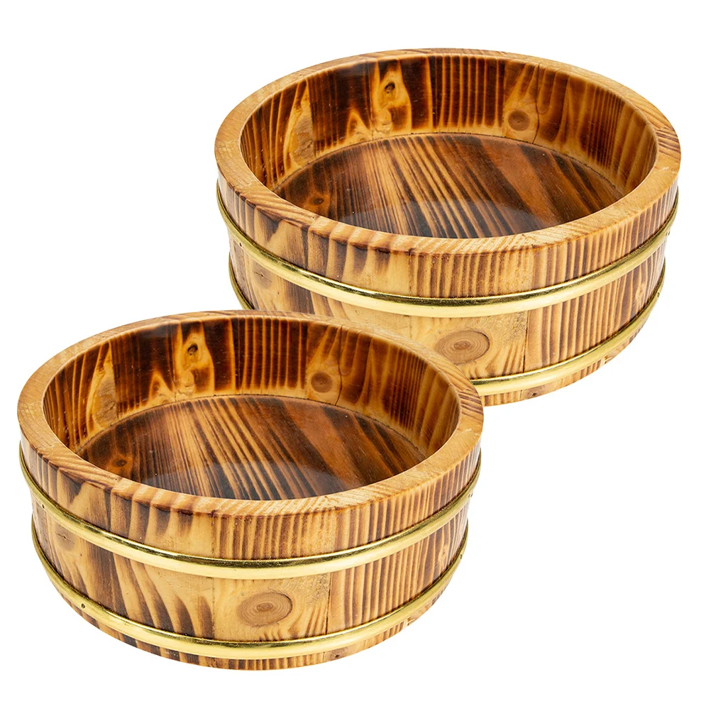 

2Pcs Round Rice Bucket Wooden Food Storage Pail for Sushi Mixing Cooling and Outdoor Camping Japanese Kitchenware Essential