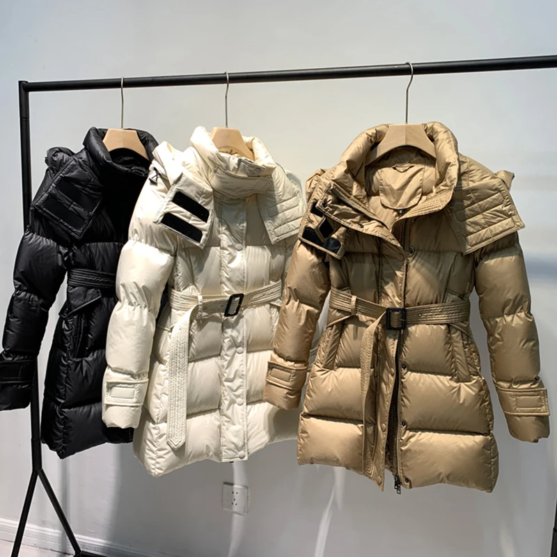 Fashion Women Hooded Down Jackets Light Luxury Temperament Solid Thicken Warm Female Coats Mid Length Thermal Outerwear