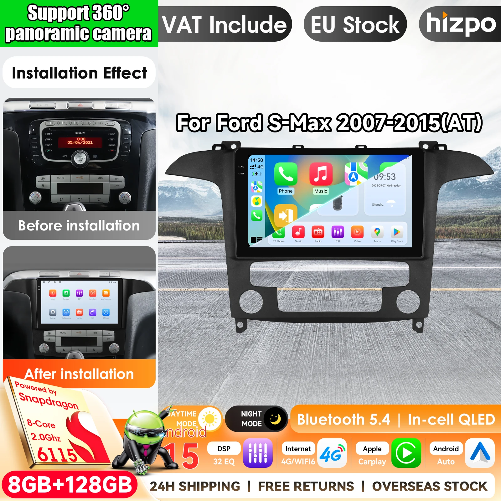 Hizpo 9 Zoll Auto-Android-Autoradio für Ford S Max S-MAX 2007-2015 Carplay-Bildschirm Intelligentes Auto-System Multimedia-Videoplayer Navigation GPS