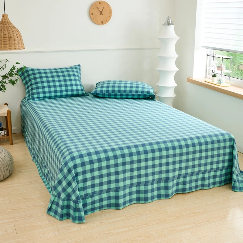 Peacock Blue Grid Geometry Flat Sheet Fashion Checkerboard Art Design Bed Sheet Soft Polyester Bedding Sheets with 2 Pillowcases