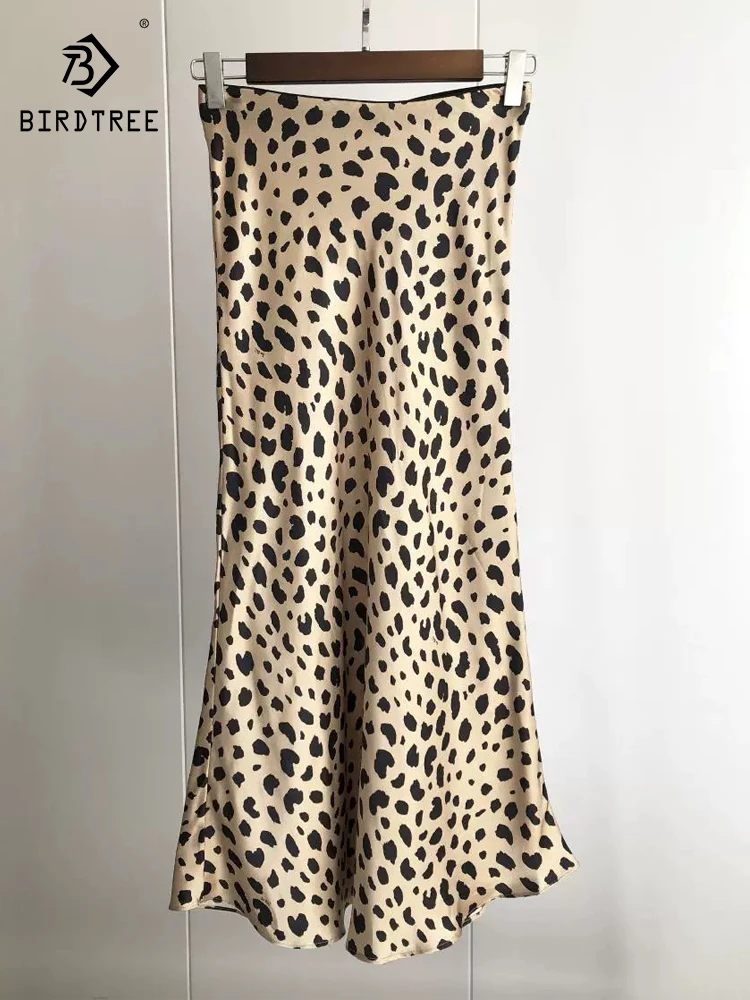 BirdTree, 19MM 100%Real Silk Elegant Skirts, Women Elastic Waist Leopard, French Sexy Hot Trumpet, 2024 Summer Autumn B480120CC