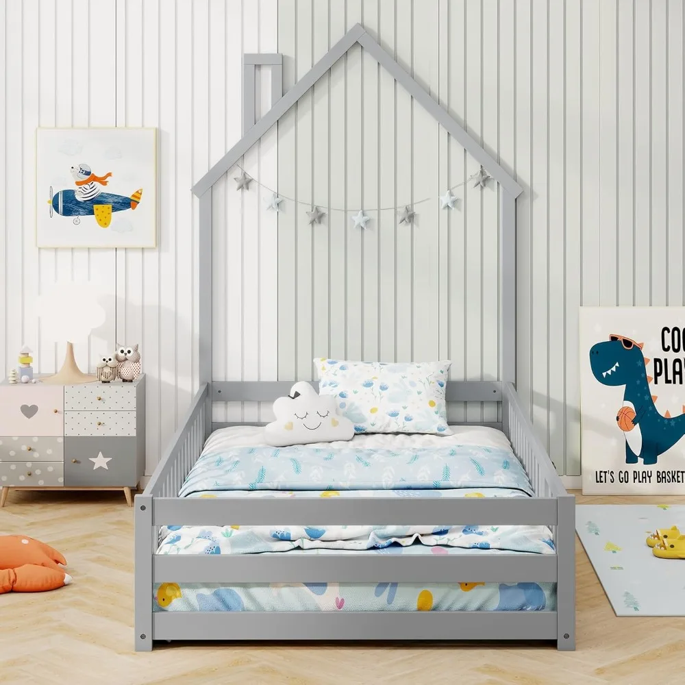 

Giantex Twin Floor Bed for Kids, House-Shaped Montessori Bed Frame with Headboard, Chimney & Solid Wood Structure, Without Slats