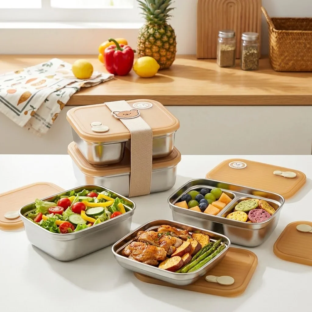 304 Stainless Steel Bento Lunch Box Kids Adults Airtight Divided Salad Food Storage Containers with Lids School Work Meal Prep